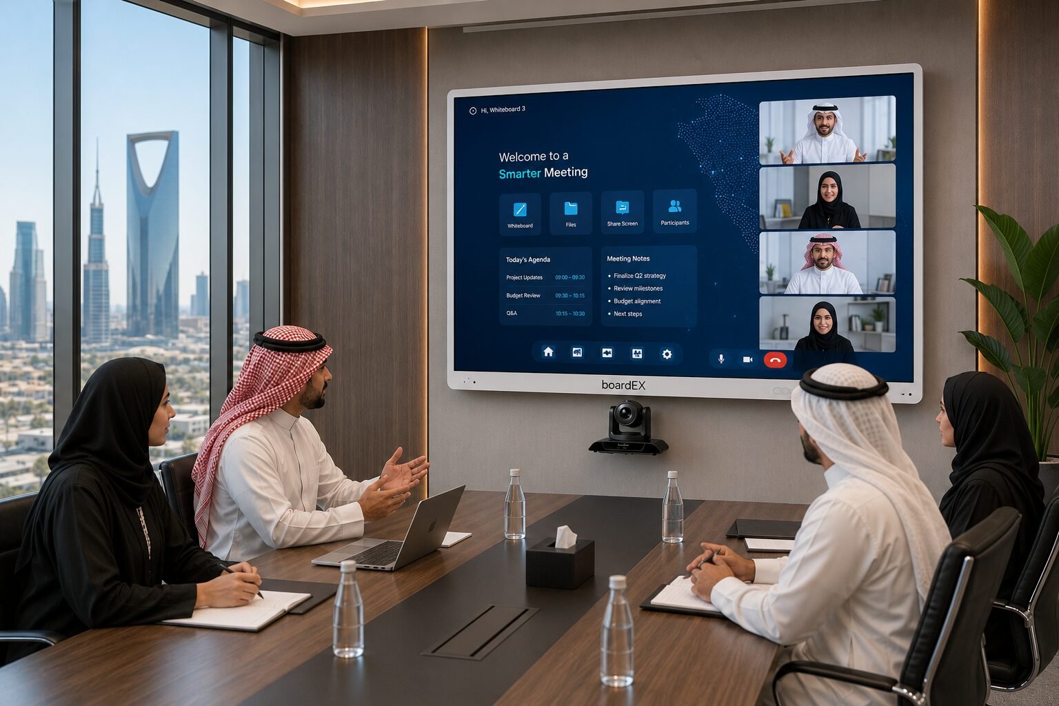 كاميرا PTZ بعدسة واضحة ومثبتة أسفل شاشة في غرفة اجتماعات بالسعودية أثناء مكالمة فيديو