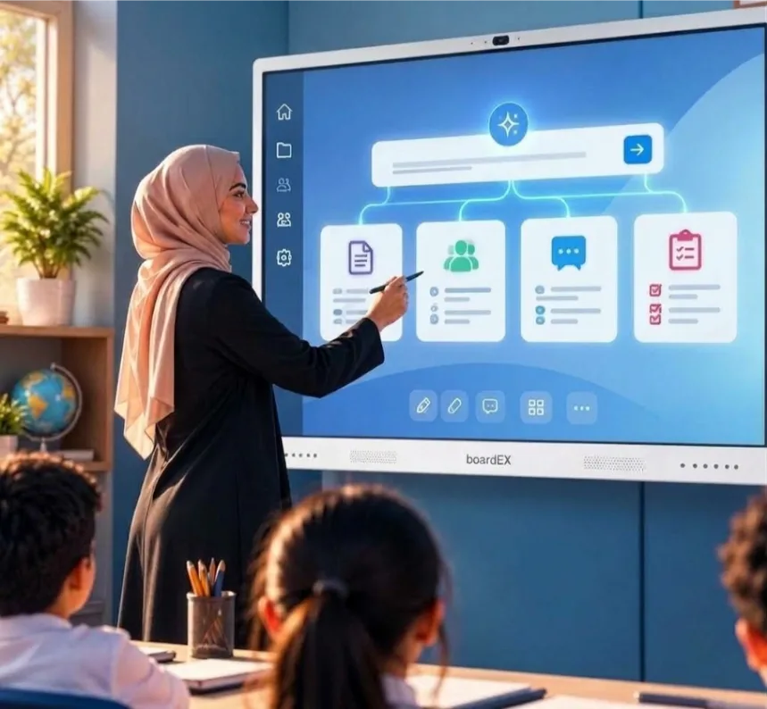 Teacher leading a lesson on a boardEX interactive flat panel in a classroom